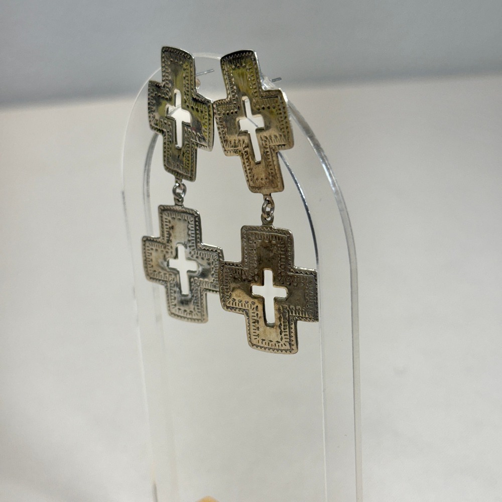 Sterling Silver 925 Thailand Double Cross Dangle Drop Earrings Stamped Etched - Picture 9 of 9